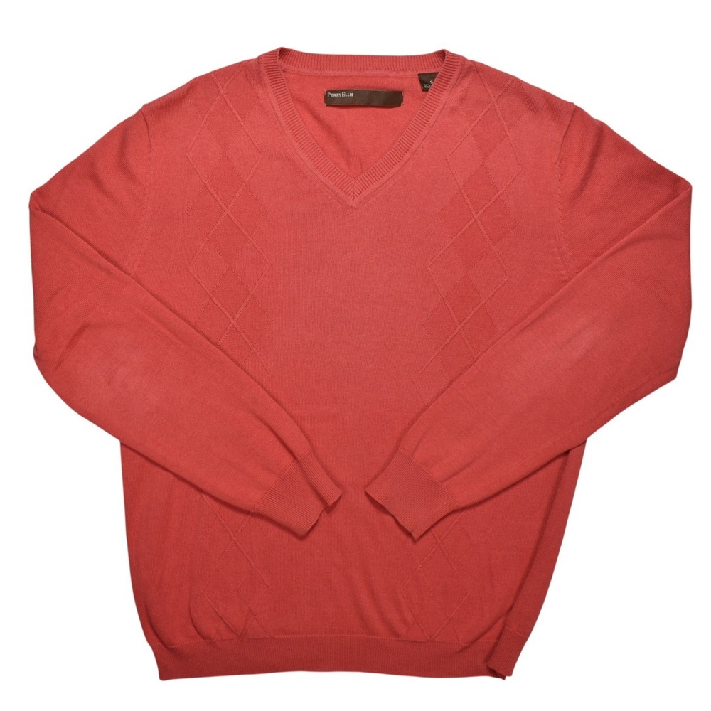 Perry Ellis Red Argyle V-Neck Cotton Sweater Womens Small